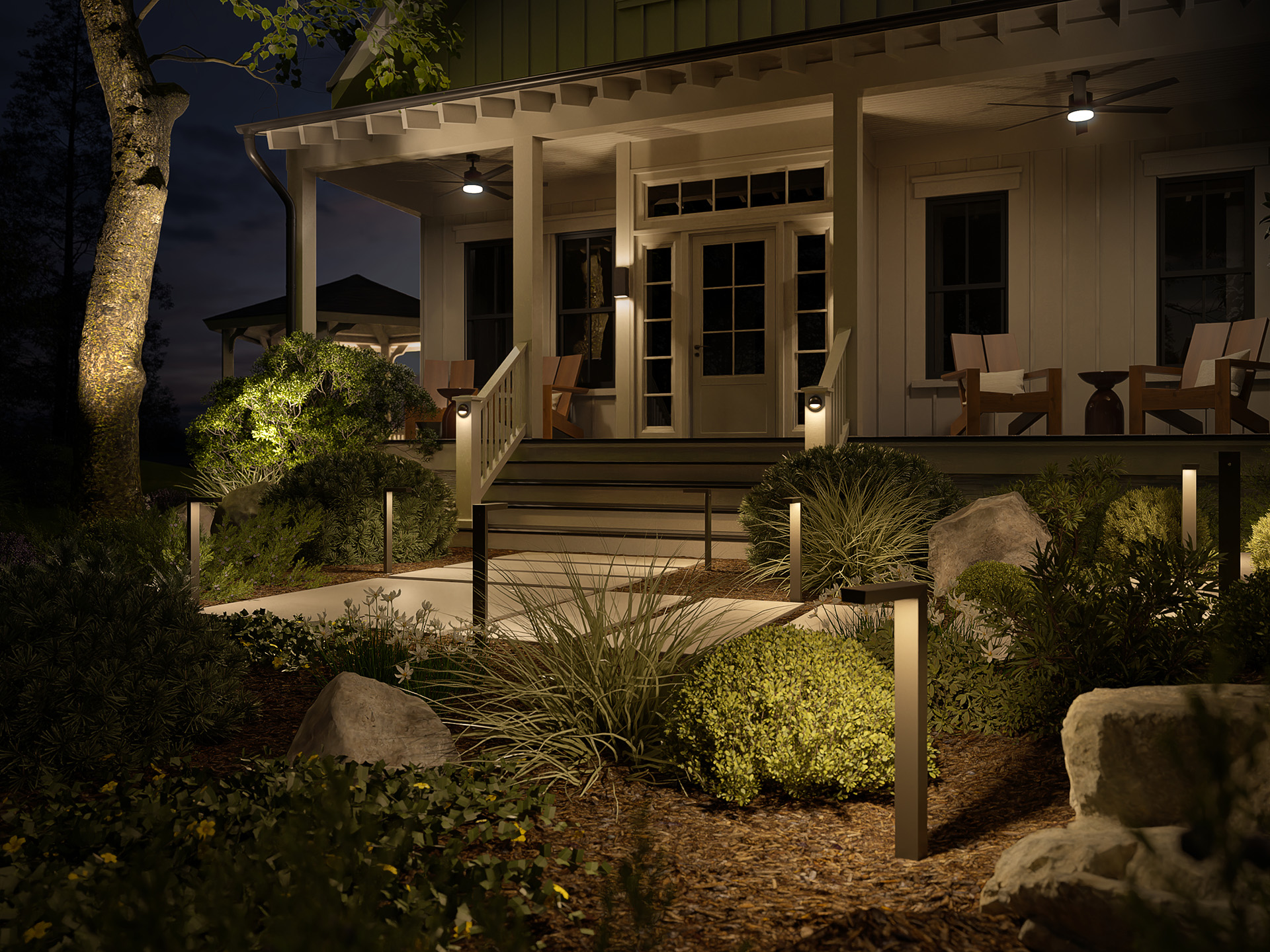 Kichler landscape lighting: WholeHomeAsset Dusk AllLightsOn Cover 1920x1440