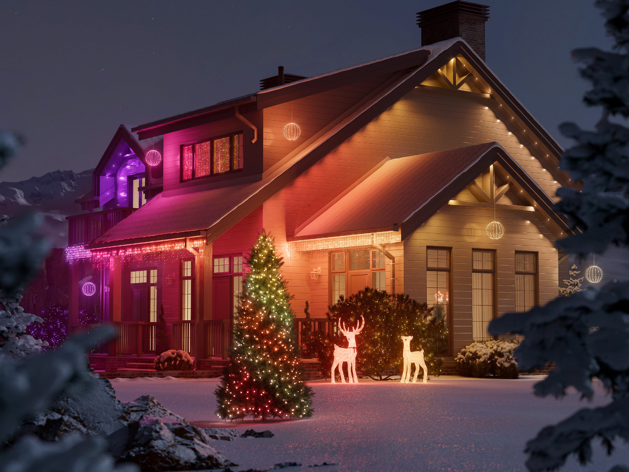 A clean roofline and one outdoor tree give Christmas a legible silhouette.